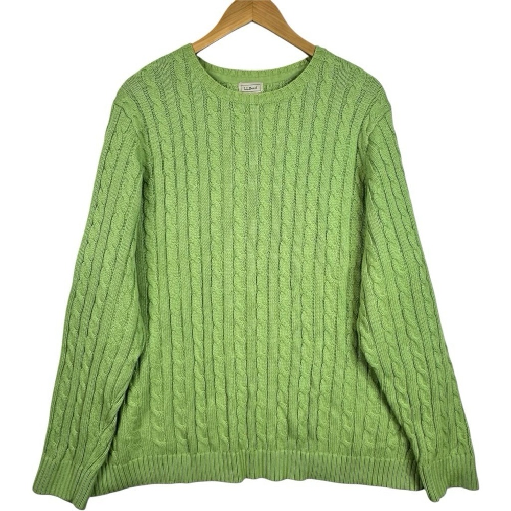 L L.Bean Cable Knit Cotton Sweater Women 2X Green Crewneck Plus Size Cottagecore